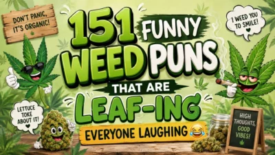 151 Funny Weed Puns poster with playful cannabis leaves