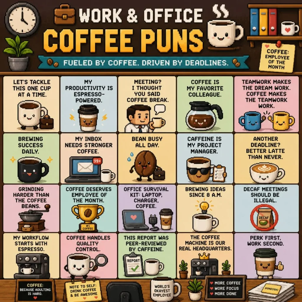 Pixel art poster featuring work and office coffee puns with cute coffee cups, office-themed illustrations, productivity jokes, espresso humor, and retro 8-bit workplace coffee artwork.