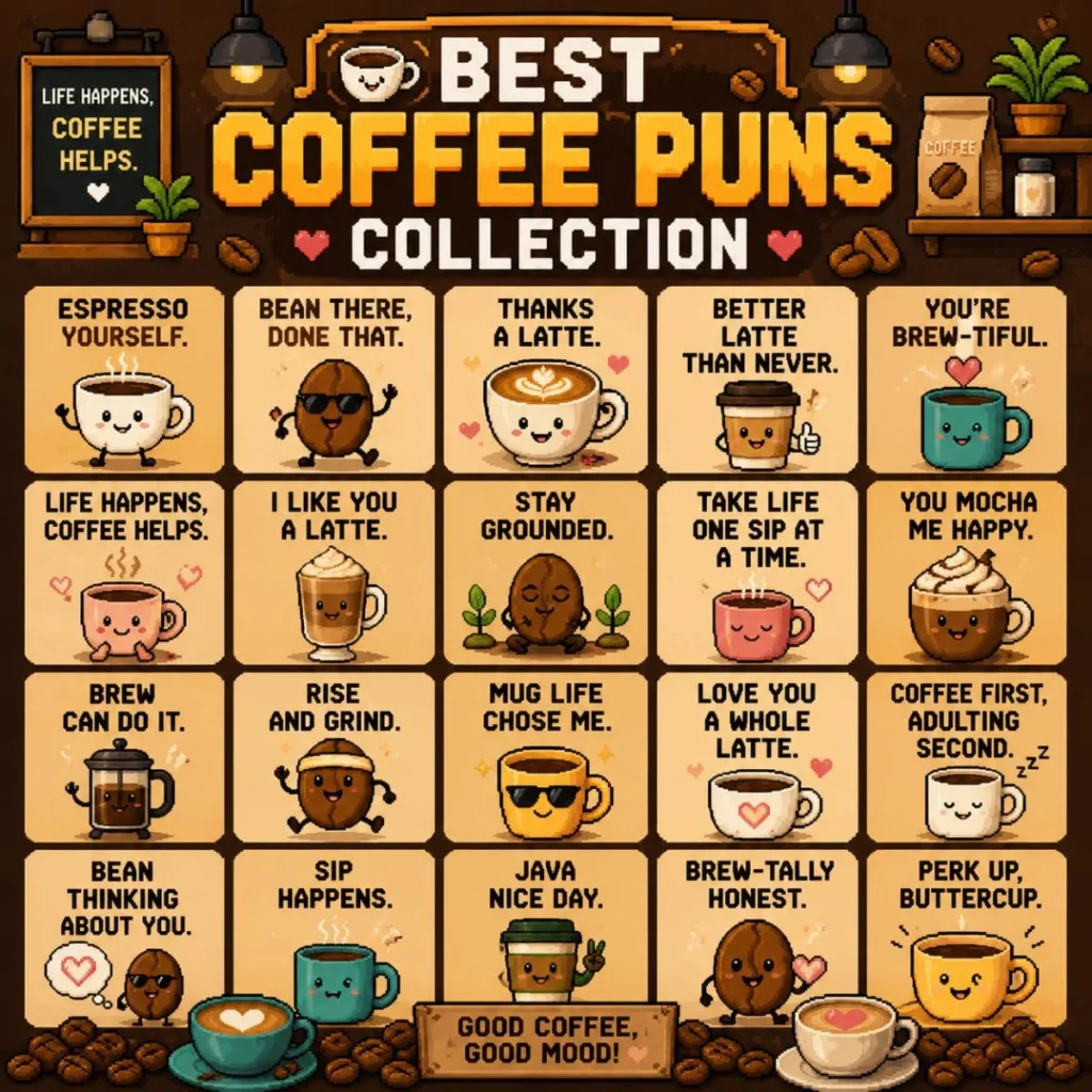 Square pixel art poster featuring the best coffee puns collection with cute coffee cups, coffee beans, espresso jokes, latte wordplay, and retro 8-bit coffee shop illustrations
