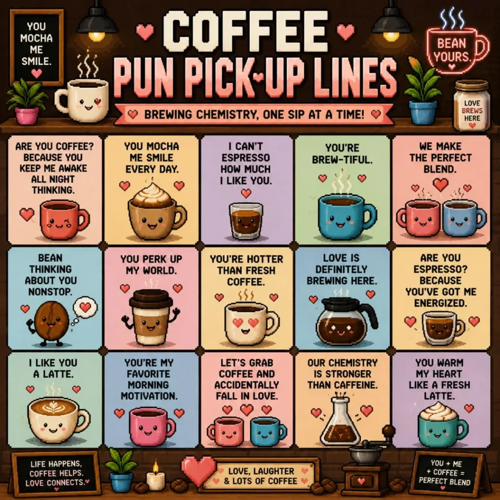 Pixel art poster featuring coffee pun pick-up lines with cute coffee cups, heart-themed coffee jokes, latte humor, espresso wordplay, and retro 8-bit coffee romance illustrations.