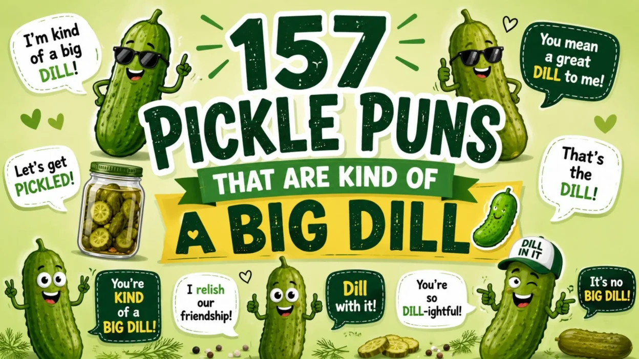 Cartoon pickle characters with funny speech bubbles surrounding the title "157 Pickle Puns That Are Kind of a Big Dill" on a bright green background filled with playful pickle-themed humor.