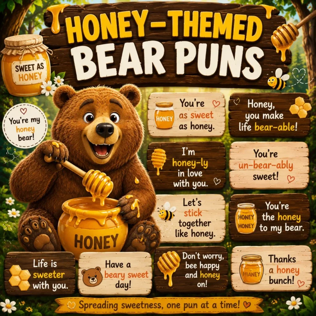 Cute cartoon bear holding a honey dipper over a honey pot, surrounded by bees, honey jars, honey-themed bear puns, wooden signs, and a colorful forest background.