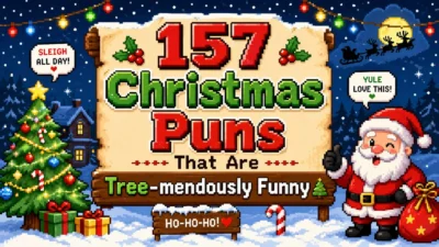 Pixel art Christmas scene with Santa, decorated Christmas tree, reindeer, wrapped presents, falling snow, and festive holiday decorations for a Christmas puns article.