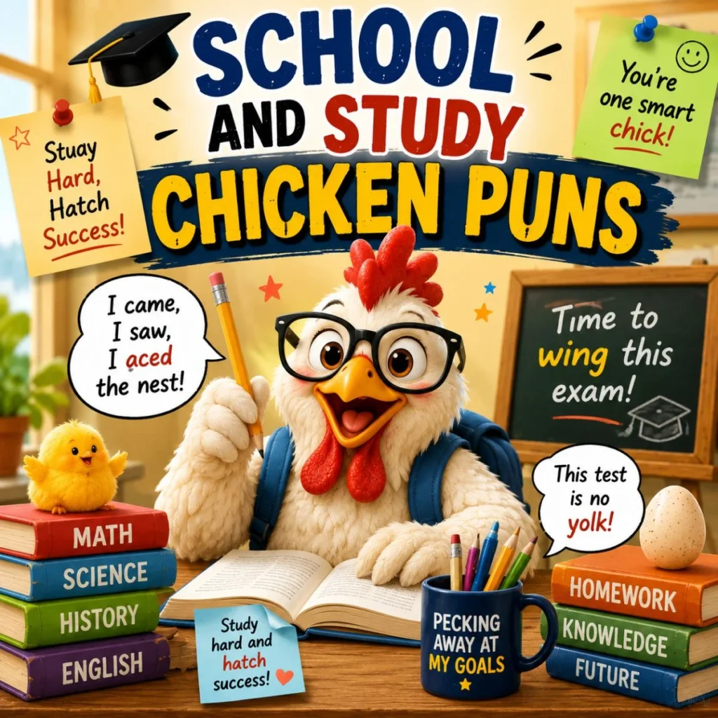 Happy chicken student wearing glasses and holding a pencil at a classroom desk with books, school supplies, and funny study-themed chicken puns displayed in speech bubbles and signs.
