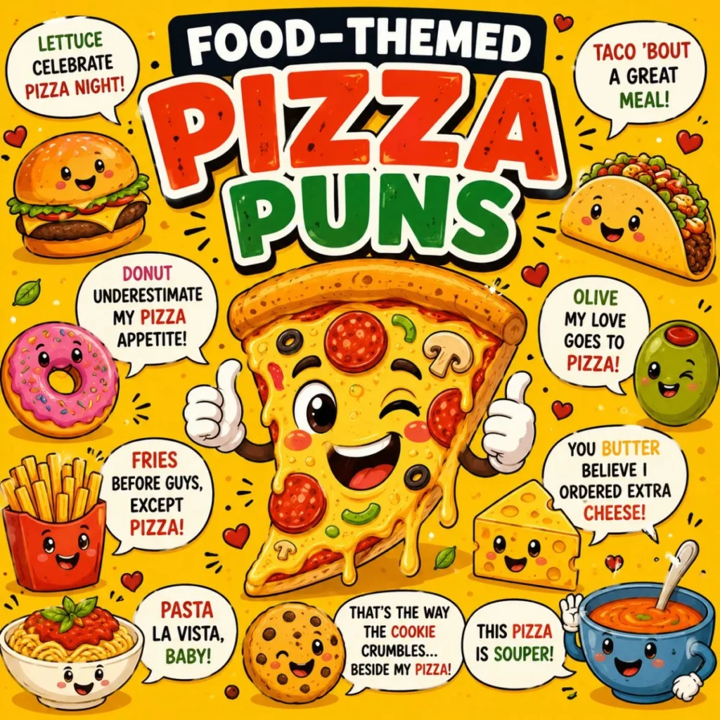 Cute cartoon pizza slice surrounded by burgers, tacos, fries, donuts, pasta, cheese, cookies, olives, and soup with funny food-themed pizza puns on a bright yellow background.