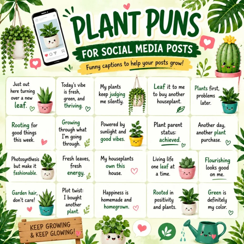 Plant puns for social media posts graphic featuring cute potted plants, funny Instagram-style captions, green botanical elements, and cheerful plant illustrations.