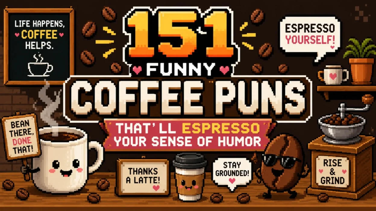Pixel art banner featuring funny coffee puns, smiling coffee cups, coffee beans, espresso jokes, and retro 8-bit coffee shop humor with the title “151 Funny Coffee Puns That’ll Espresso Your Sense of Humor.”