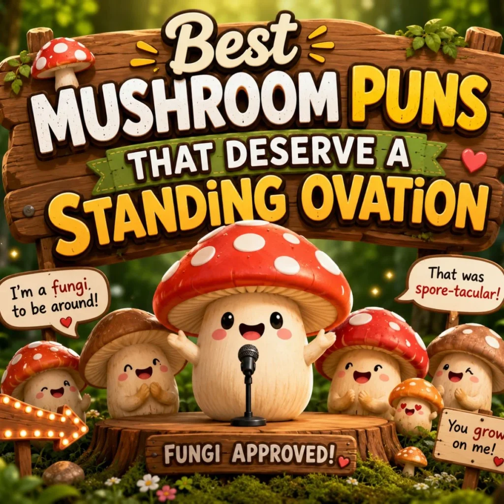 Cute cartoon mushrooms on a forest stage beneath a sign that says "Best Mushroom Puns That Deserve a Standing Ovation" with smiling fungi characters applauding.