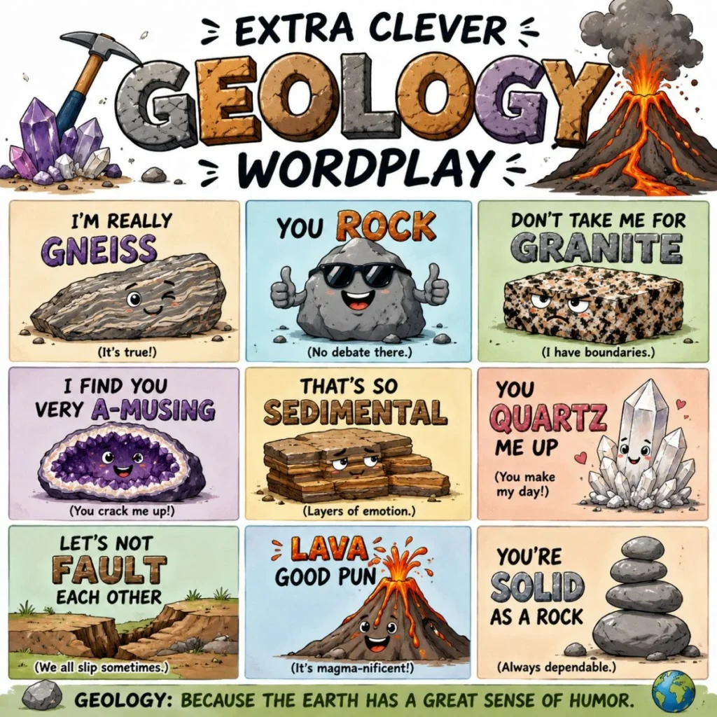 Colorful geology pun poster featuring cartoon rocks, crystals, granite, quartz, sedimentary layers, and a volcano with funny earth science wordplay and humorous geology jokes.