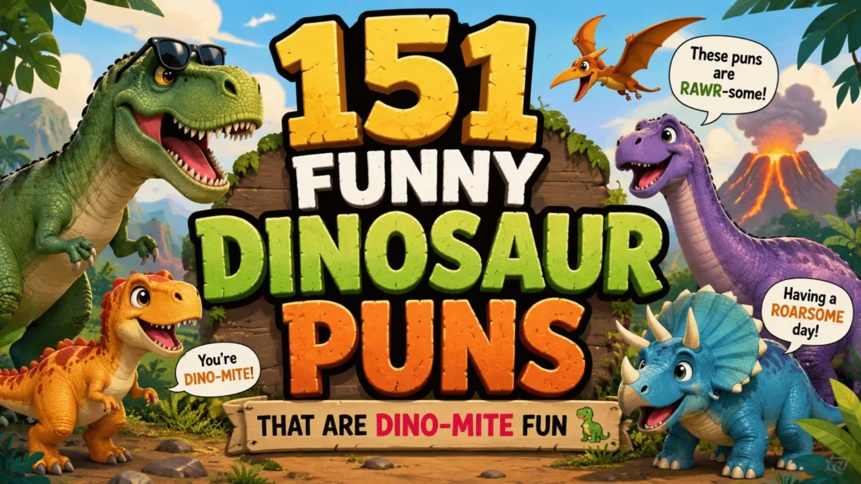 Colorful cartoon dinosaurs surrounding the title "151 Funny Dinosaur Puns That Are Dino-Mite Fun" in a prehistoric jungle with volcanoes, playful speech bubbles, and cheerful dinosaur characters.