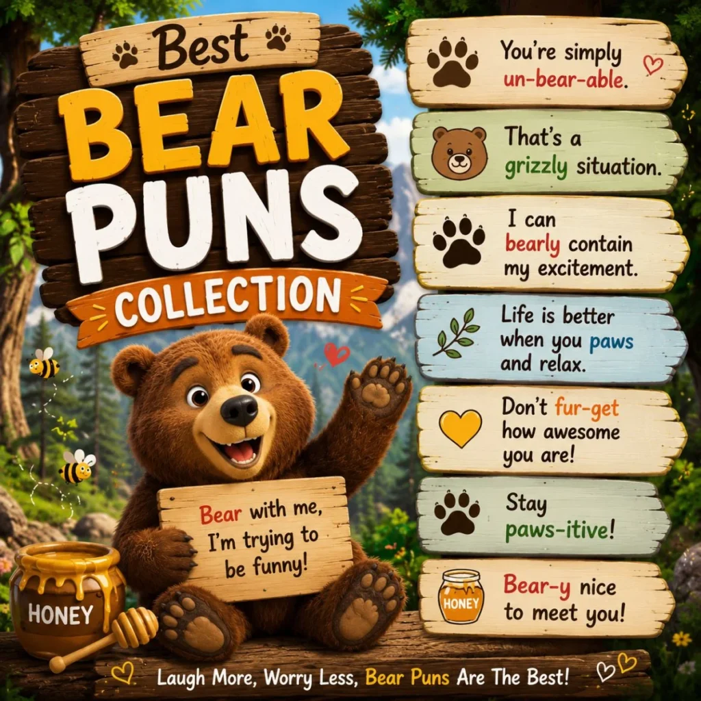Cute cartoon bear holding a sign in a forest surrounded by funny bear puns, honey jars, paw prints, and colorful wooden boards featuring clever bear-themed jokes and wordplay.