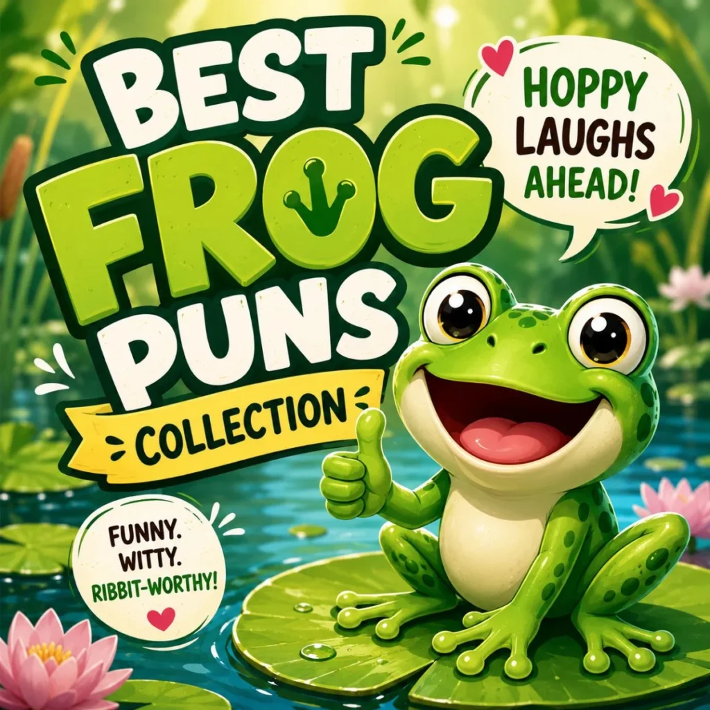 Happy cartoon frog giving a thumbs-up while sitting on a lily pad next to bold "Best Frog Puns Collection" text in a colorful pond scene.