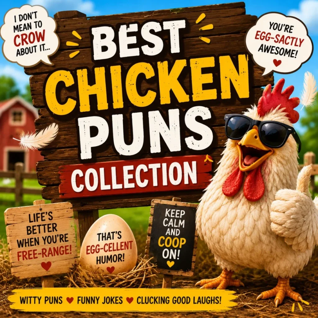 Smiling chicken wearing sunglasses next to a wooden sign reading "Best Chicken Puns Collection" with funny chicken-themed quotes, eggs, feathers, and a sunny farm background.