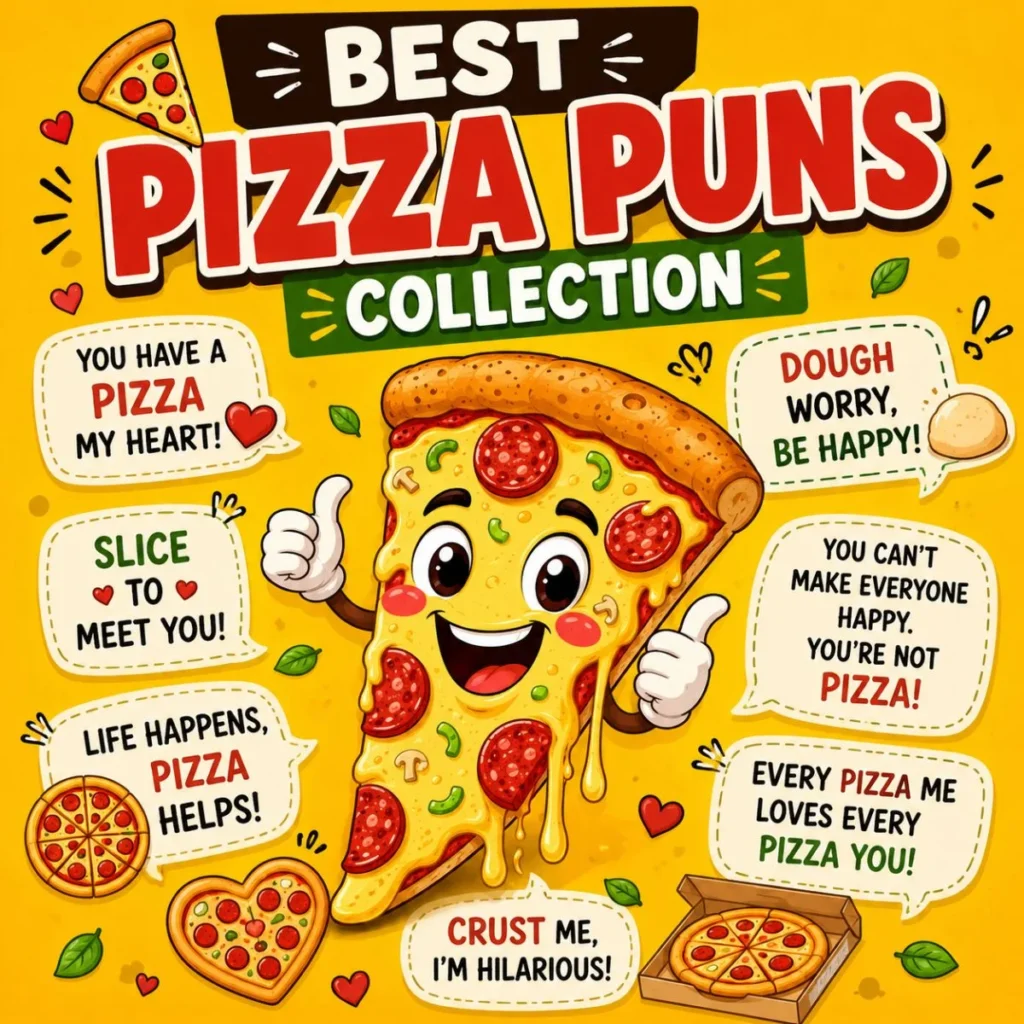 Happy cartoon pizza slice with melted cheese and pepperoni surrounded by funny pizza puns and speech bubbles on a bright yellow background titled "Best Pizza Puns Collection."