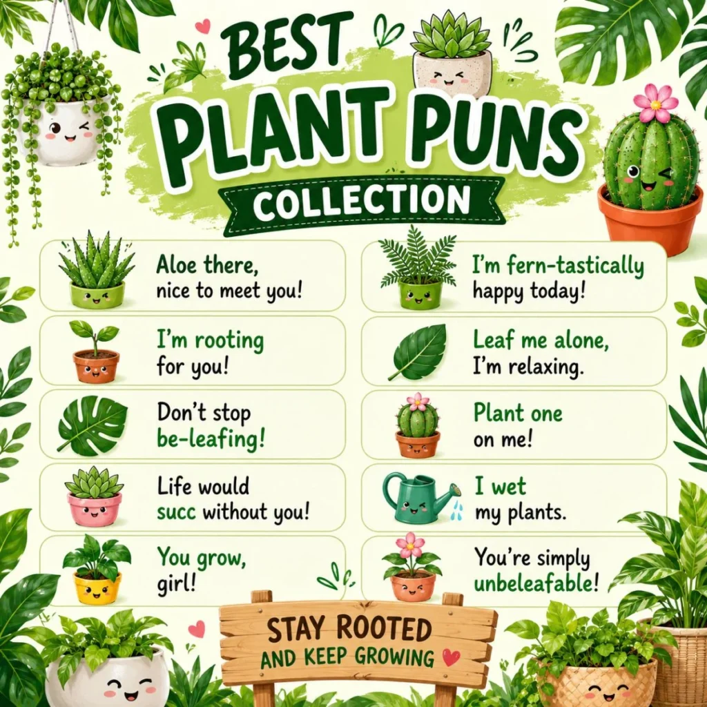 Best Plant Puns Collection graphic featuring cute potted plants, succulents, cactus illustrations, and funny plant-themed jokes on a green botanical background.