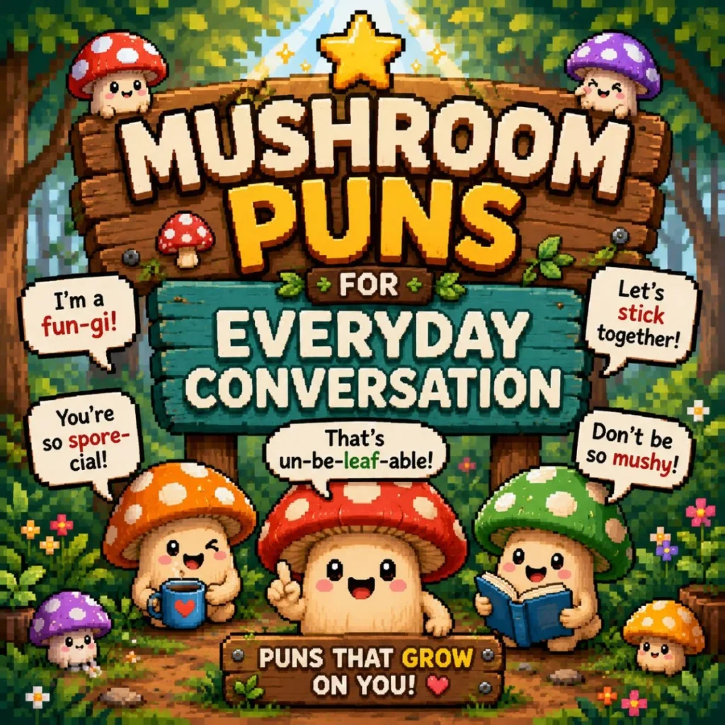 Cute pixel-art mushroom characters in a forest sharing funny mushroom puns through speech bubbles around a sign reading "Mushroom Puns for Everyday Conversations."