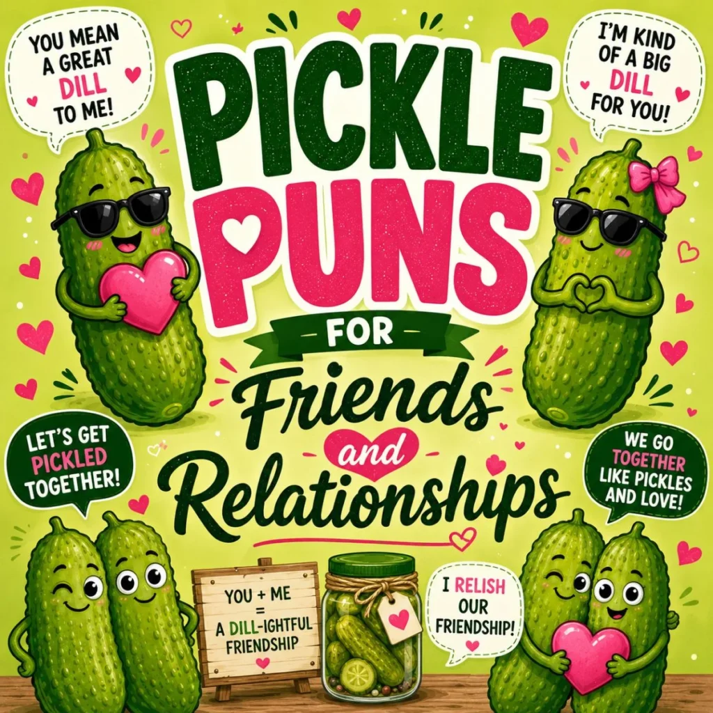 Cute cartoon pickle characters holding hearts and sharing friendship-themed jokes around the title "Pickle Puns for Friends and Relationships" on a colorful green background with pink heart accents.