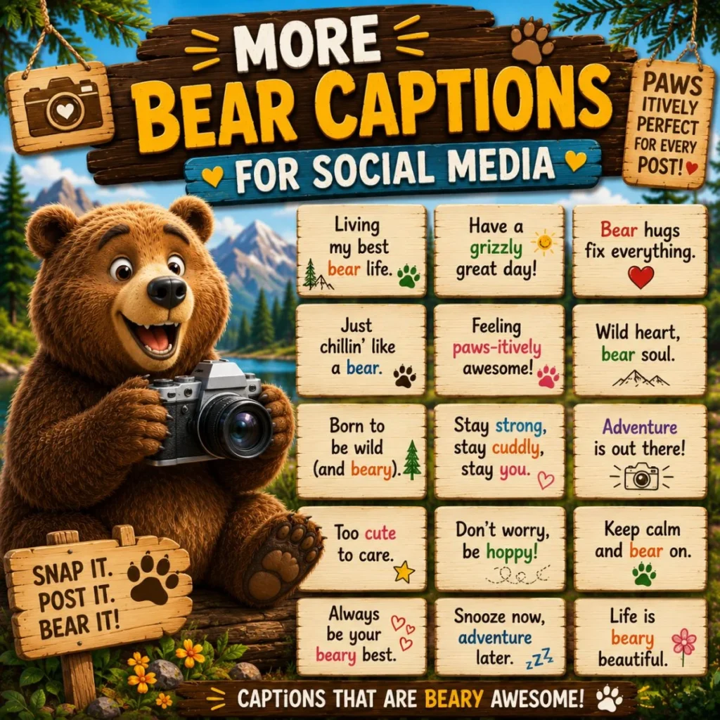 Cute cartoon bear holding a camera in a forest surrounded by colorful social media caption cards featuring funny bear puns, paw prints, mountains, and nature-themed artwork.