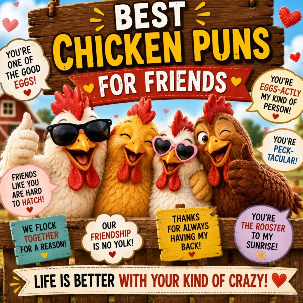 Group of smiling cartoon chickens posing together on a farm with friendship-themed chicken puns, colorful speech bubbles, hearts, and a large sign reading "Best Chicken Puns for Friends."