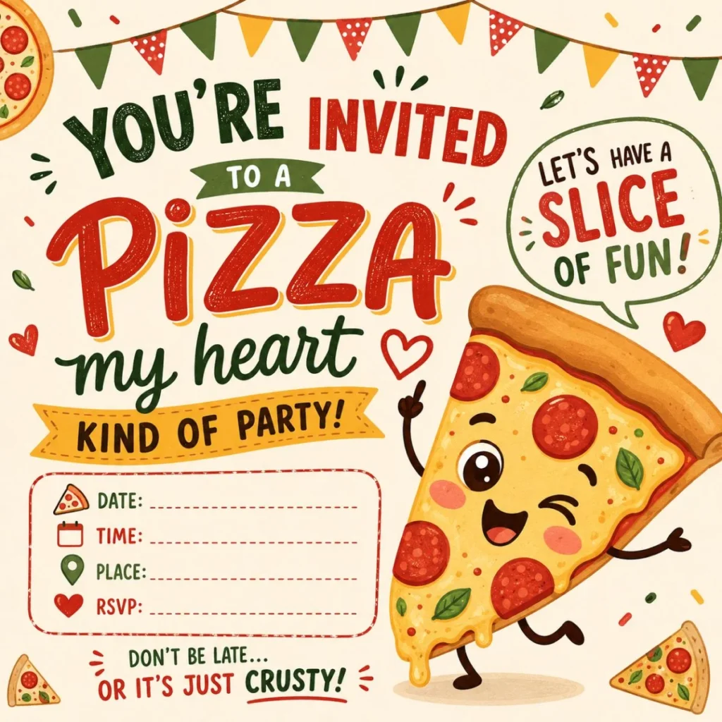Pizza-themed party invitation poster with a smiling cartoon pizza slice, bold “You’re invited to a pizza party” text, and fun puns like “Let’s have a slice of fun,” with sections for event details and RSVP.