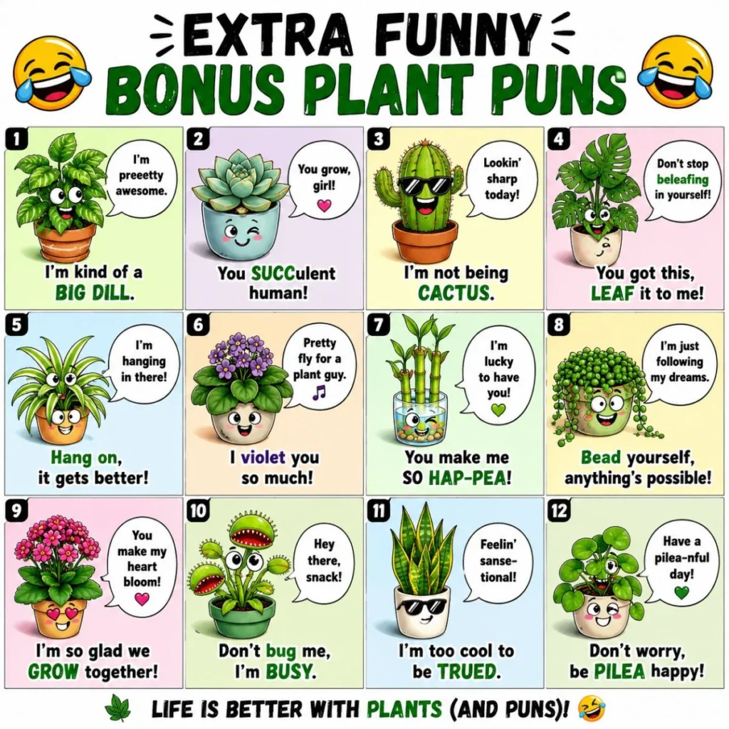 Colorful 1200x1200 comic-style poster titled “Extra Funny Bonus Plant Puns” showing multiple cute cartoon plants with speech bubbles containing humorous plant-themed puns in a grid layout.