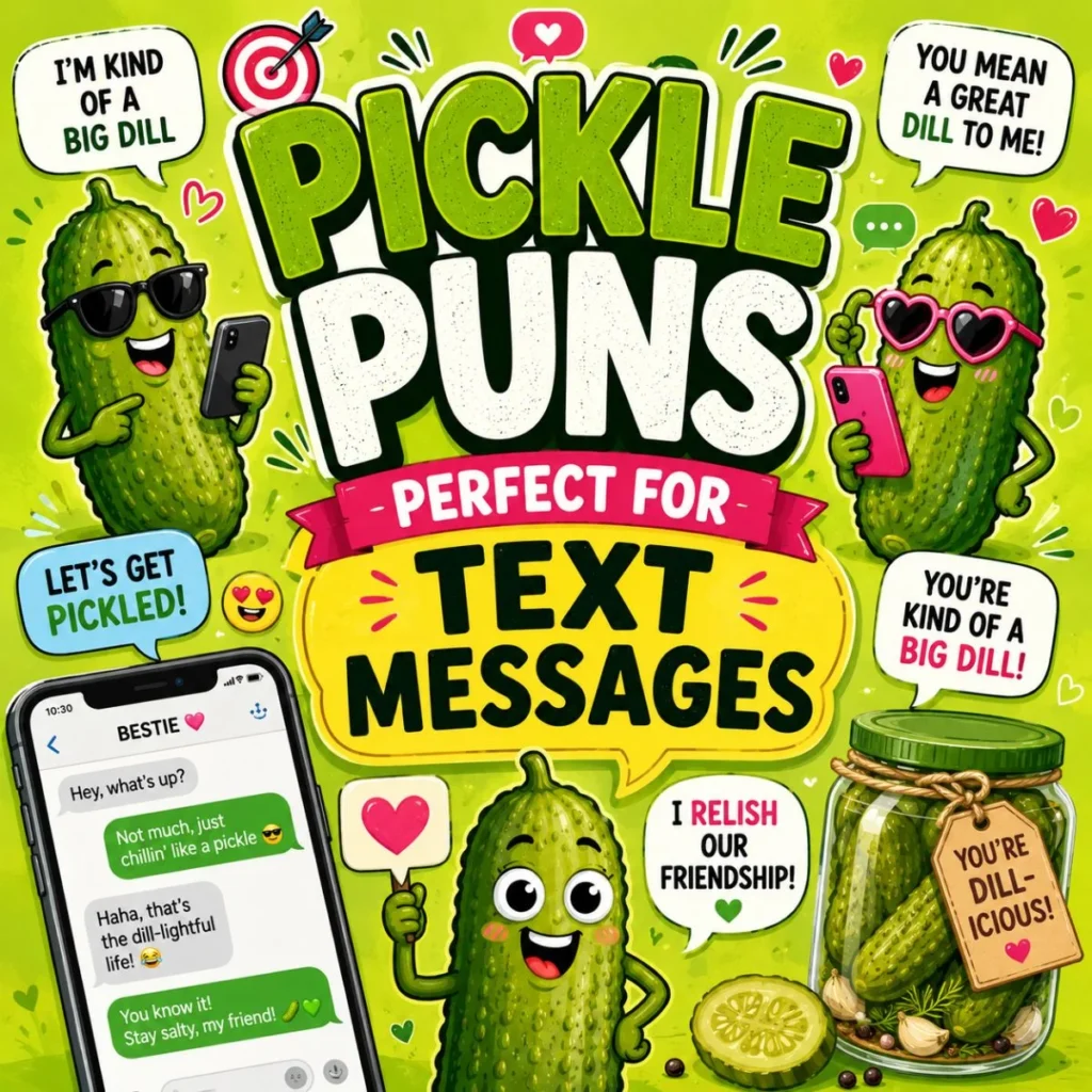 Cartoon pickle characters using smartphones and sharing funny text message puns around the title "Pickle Puns Perfect for Text Messages" on a colorful green background with chat bubbles and playful illustrations.