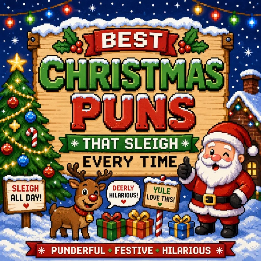 Pixel art Christmas poster with Santa, reindeer, Christmas tree, presents, snow, and festive holiday decorations promoting funny Christmas puns and holiday wordplay.