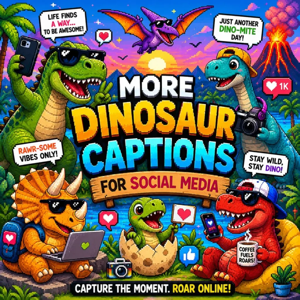 Colorful pixel-art dinosaurs taking selfies and creating social media content with cameras, speech bubbles, likes, hashtags, and funny dinosaur captions in a prehistoric landscape.
