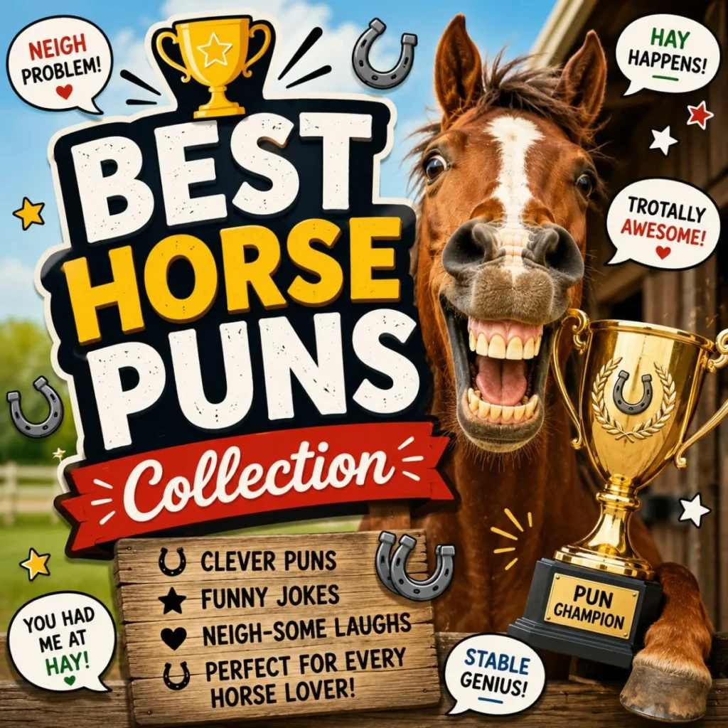 Funny smiling horse holding a trophy beside the title Best Horse Puns Collection with horse jokes, puns, and colorful cartoon-style graphics.