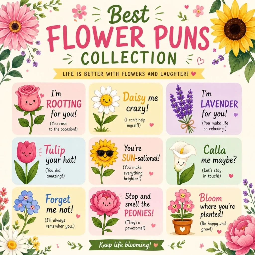 Colorful square infographic titled "Best Flower Puns Collection" featuring cute illustrated flowers including roses, daisies, tulips, sunflowers, lavender, peonies, and forget-me-nots. The design contains humorous flower-themed puns and playful floral artwork on a soft pastel background.
