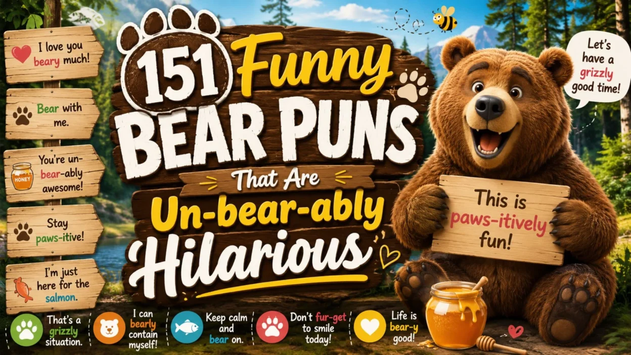 Smiling cartoon bear holding a sign with funny bear puns, surrounded by woodland scenery, honey jars, paw prints, and colorful text reading "151 Funny Bear Puns That Are Un-bear-ably Hilarious."