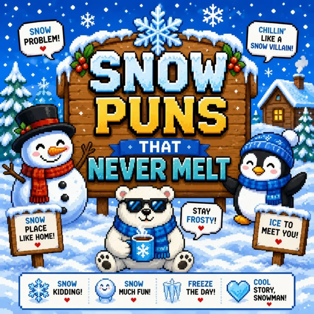 Pixel art winter poster with a smiling snowman, penguin, polar bear, snowflakes, snowy trees, and funny snow puns in a colorful snowy landscape.