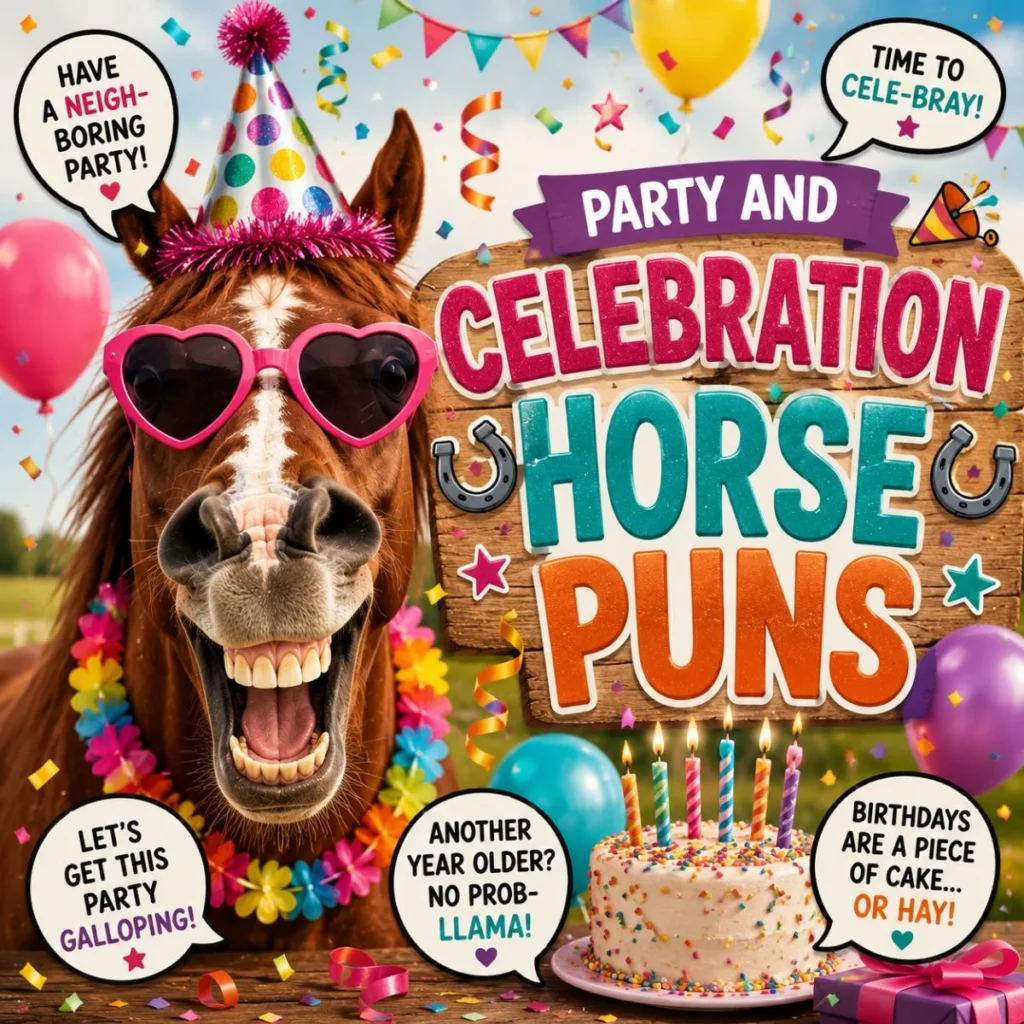 Happy horse wearing party glasses and a birthday hat beside a Party and Celebration Horse Puns sign with balloons, confetti, cake, and festive decorations.