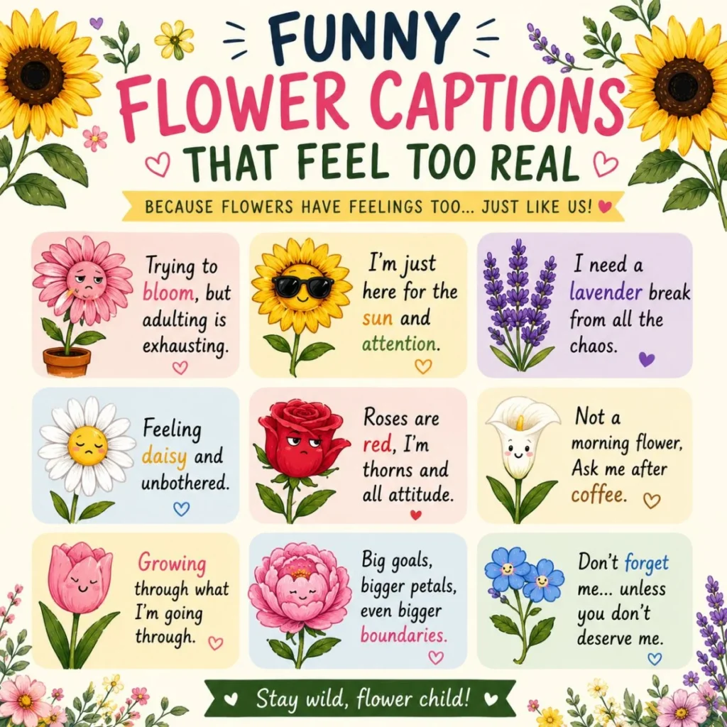 Square floral graphic titled "Funny Flower Captions That Feel Too Real" featuring colorful flower illustrations, including sunflowers, roses, daisies, tulips, lavender, and peonies. The design contains humorous and relatable flower-themed captions arranged in pastel-colored panels on a light background.