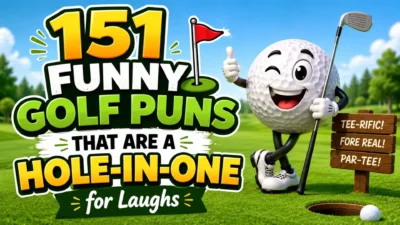 Cartoon golf ball character on a bright golf course beside bold text reading “151 Funny Golf Puns That Are a Hole-in-One for Laughs” with funny golf pun signs and a golf hole in the foreground.