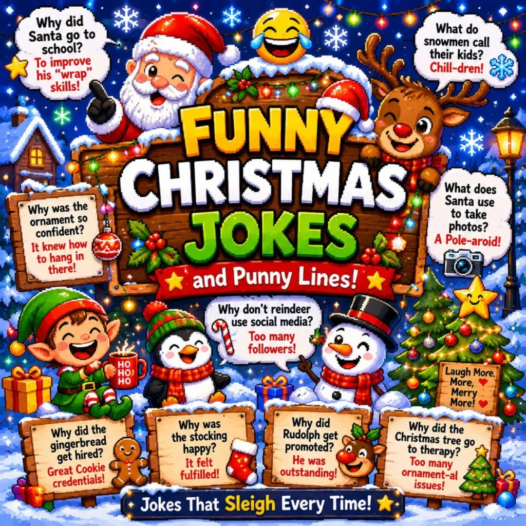 Pixel art Christmas poster with Santa, reindeer, elves, snowmen, gingerbread cookie, Christmas tree, festive lights, and funny Christmas jokes and punny holiday lines.