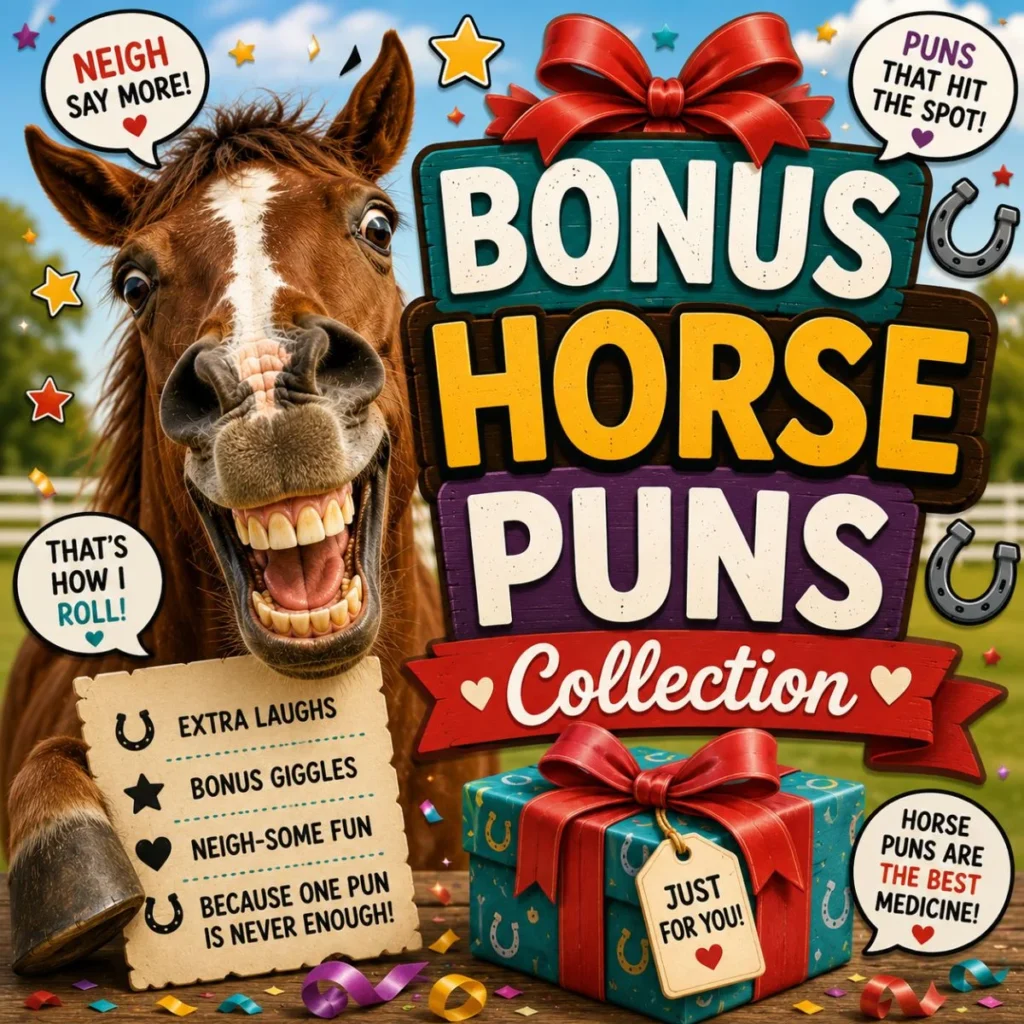 Smiling horse next to a Bonus Horse Puns Collection sign with gift boxes, confetti, horseshoes, and funny horse-themed jokes and wordplay.