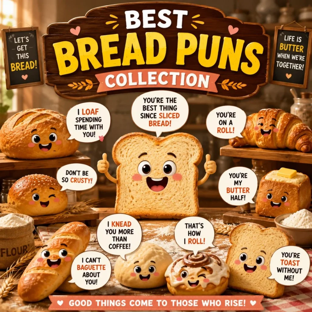 Cute cartoon bread, baguette, croissant, and bakery treats displaying funny bread puns and humorous speech bubbles in a cozy bakery setting.