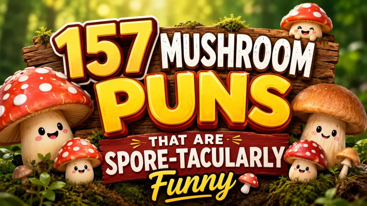 Cute cartoon mushrooms with a colorful sign displaying "157 Mushroom Puns That Are Spore-tacularly Funny" in a whimsical forest setting.