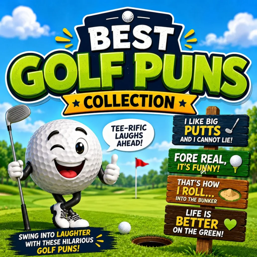 Cartoon golf ball mascot holding a golf club beside colorful signs with funny golf puns under a large "Best Golf Puns Collection" headline on a bright golf course.