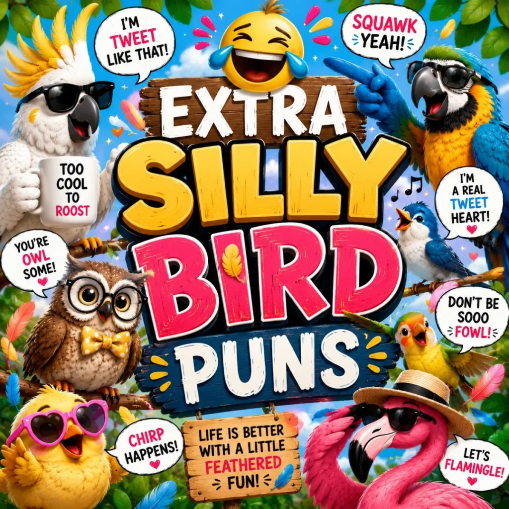 Colorful square graphic featuring funny cartoon birds, owls, parrots, flamingos, and playful speech bubbles around the title "Extra Silly Bird Puns" on a bright blue background with feathers and cheerful decorations