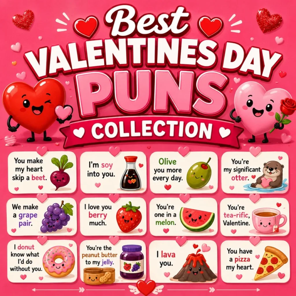 Bright pink Valentine's Day graphic featuring smiling heart characters, romantic decorations, and a collection of cute Valentine's puns including pizza, donut, olive, berry, tea, and otter-themed love jokes.