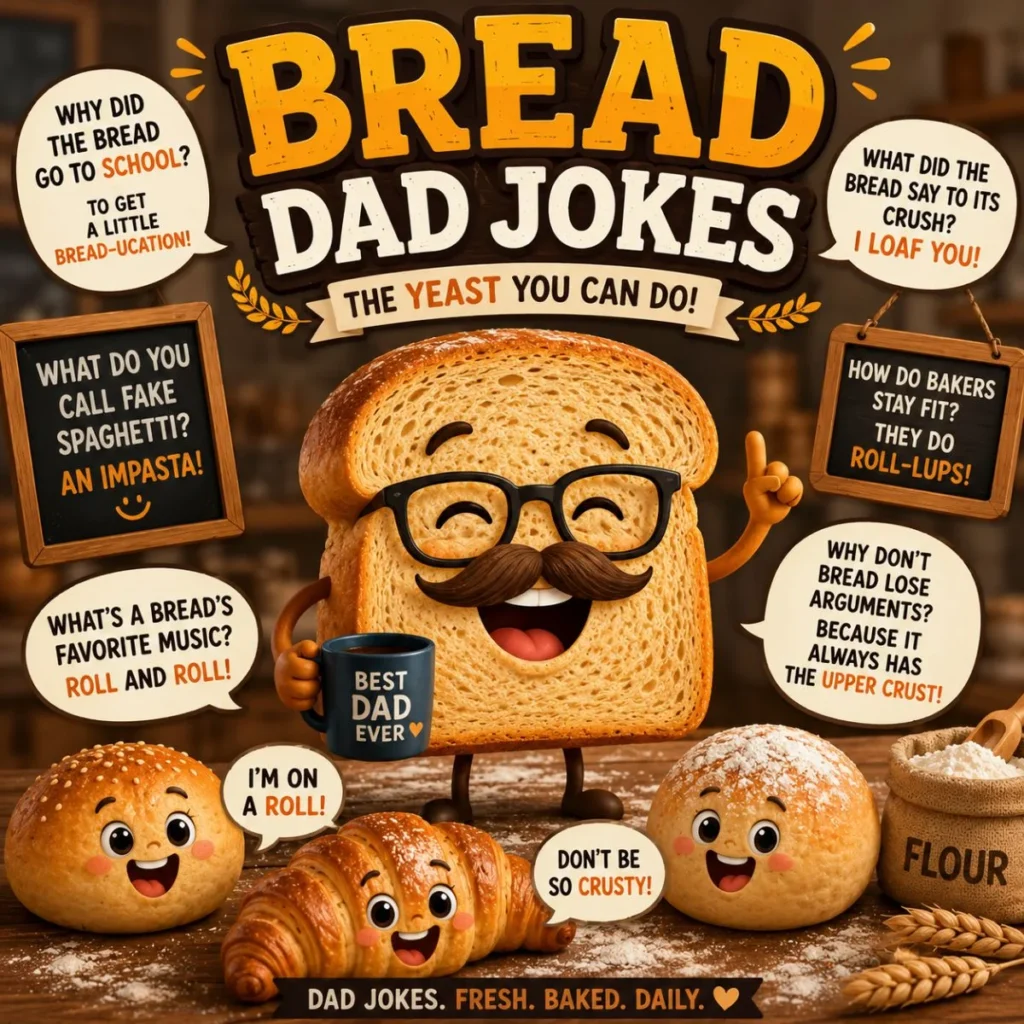Funny cartoon loaf of bread with glasses and mustache surrounded by bakery treats sharing bread dad jokes in a colorful bakery setting.