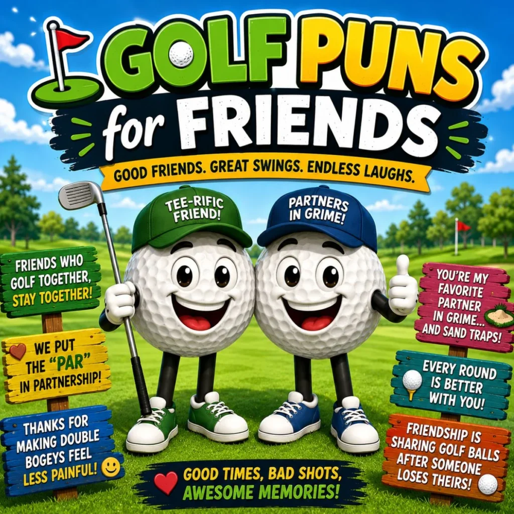 Two cartoon golf ball friends smiling on a golf course with colorful signs featuring funny friendship-themed golf puns and jokes about golf buddies.