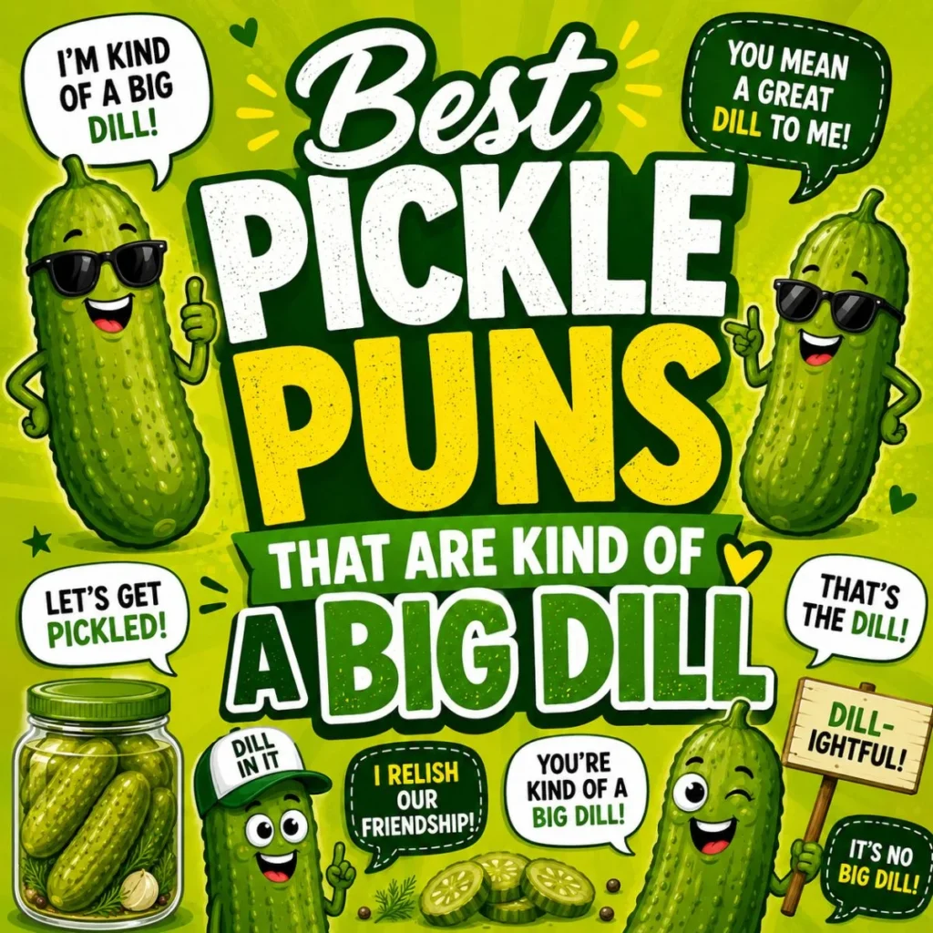 Colorful cartoon pickle characters with funny speech bubbles surrounding the title "Best Pickle Puns That Are Kind of a Big Dill" on a bright green background with playful pickle-themed illustrations.