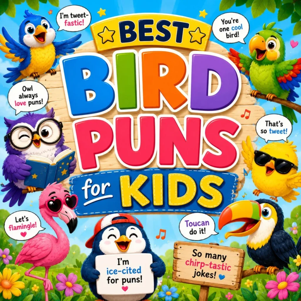 Colorful cartoon-style square graphic featuring cute birds, including an owl, parrot, flamingo, penguin, and toucan, surrounding the title "Best Bird Puns for Kids" with playful speech bubbles and bright flowers on a cheerful blue background.