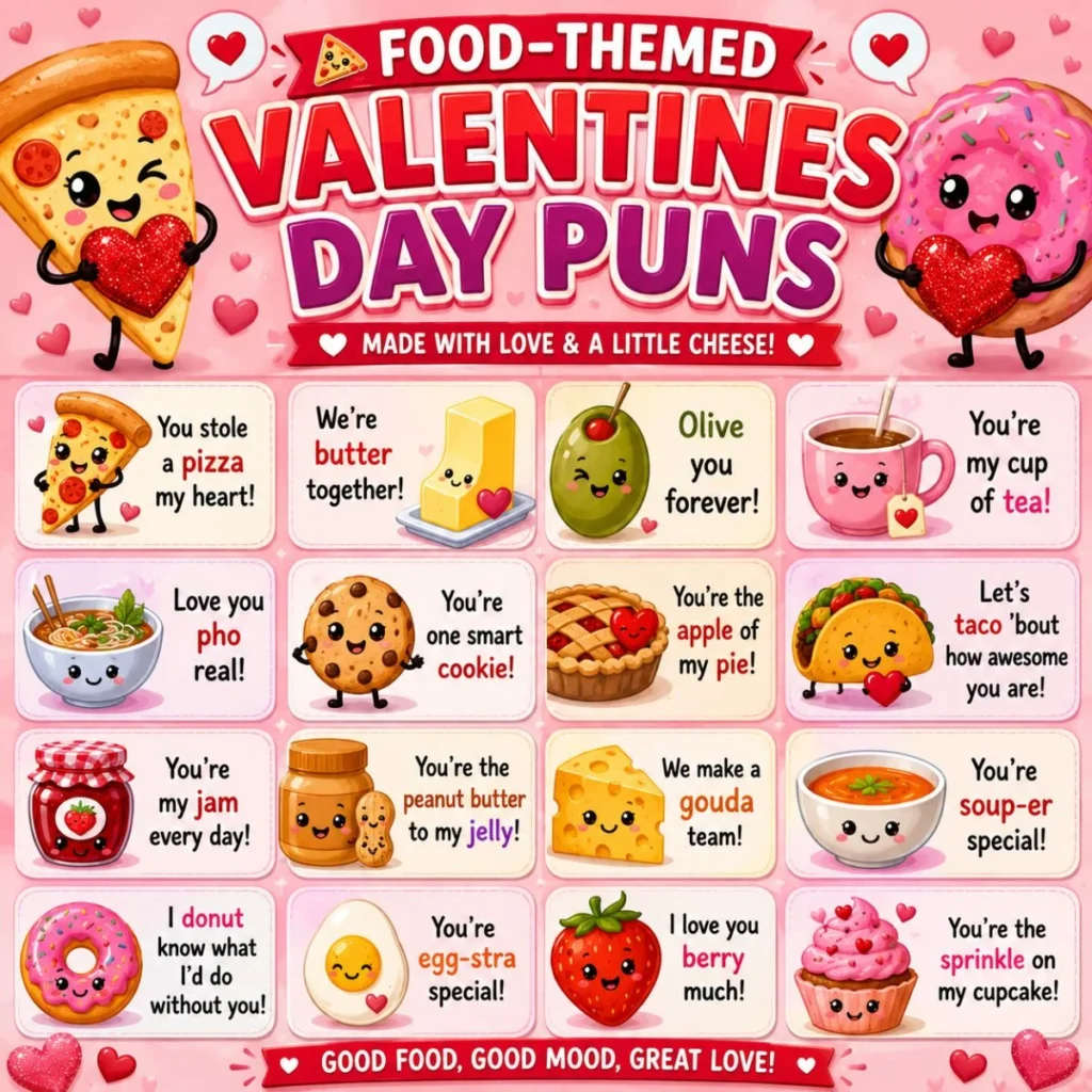 Colorful Valentine's Day poster featuring cute cartoon food characters including pizza, donuts, tacos, cookies, strawberries, cupcakes, tea, and olives alongside funny food-themed Valentine's Day puns on a pink heart-filled background.