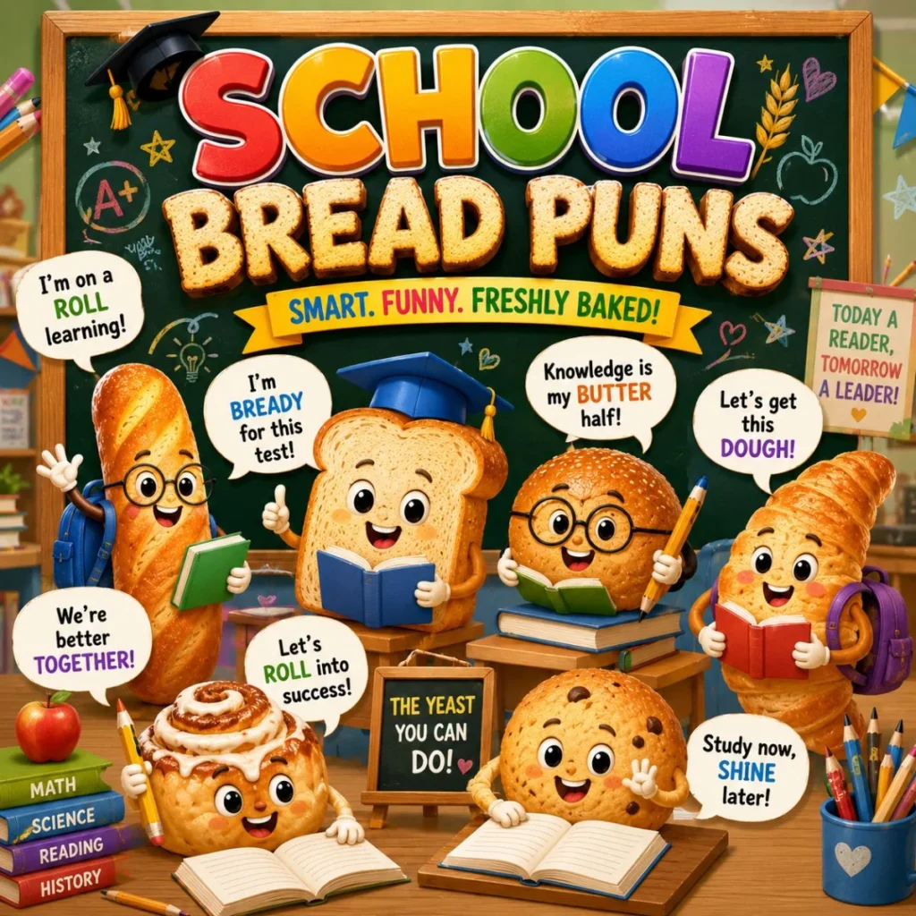Cute cartoon bread characters wearing graduation caps and backpacks in a classroom, sharing funny school bread puns and study-themed jokes.
