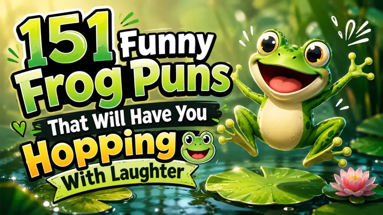 Happy cartoon frog jumping over lily pads in a pond with the text "151 Funny Frog Puns That Will Have You Hopping With Laughter" in bright, playful lettering.