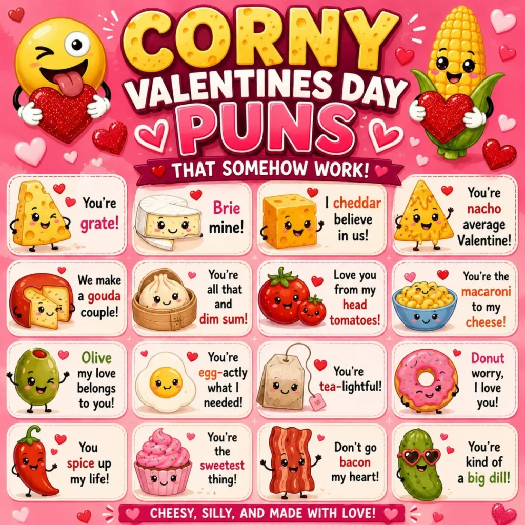 Bright pink Valentine's Day poster featuring cute cartoon food characters including cheese, donuts, olives, eggs, tea bags, cupcakes, bacon, and pickles paired with funny corny Valentine's Day puns and heart-themed decorations.